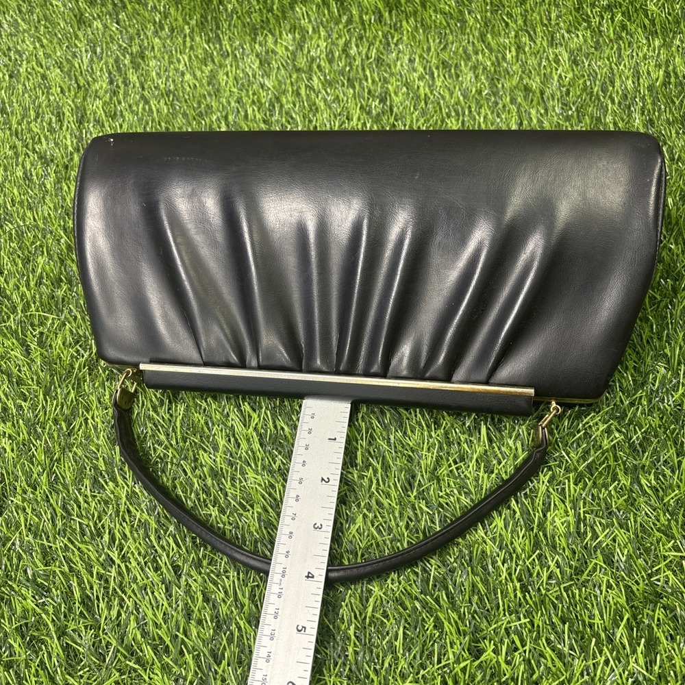 Vtg 50s Black Leather Wrapped Metal Top Handle Bag Gold Frame Clasp Purse - Picture 7 of 15